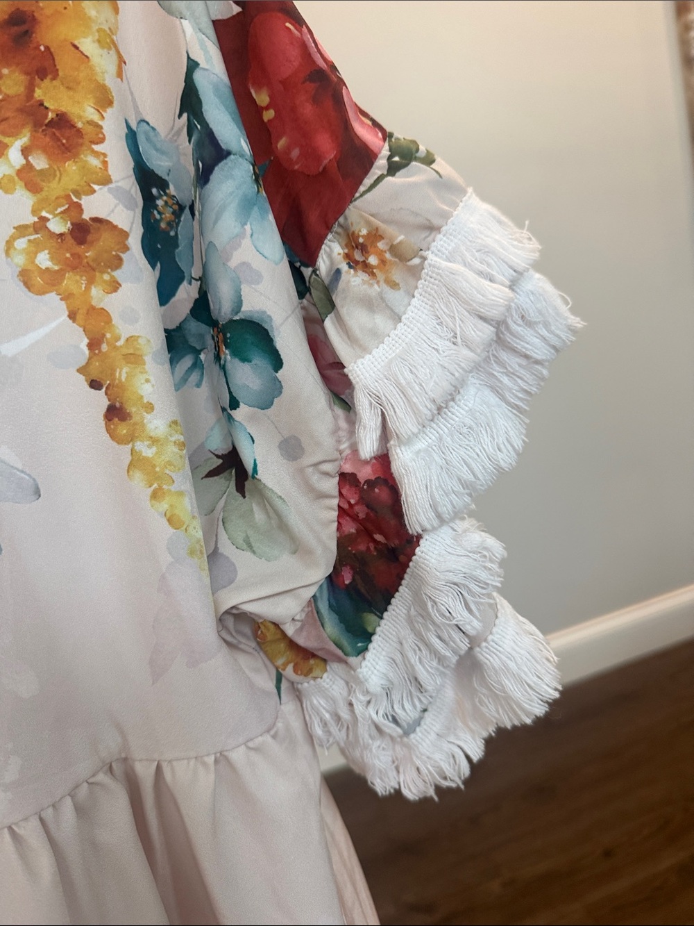 Bright Bold Floral Midi Flowy Dress with Fringe Like New M - Picture 3 of 7